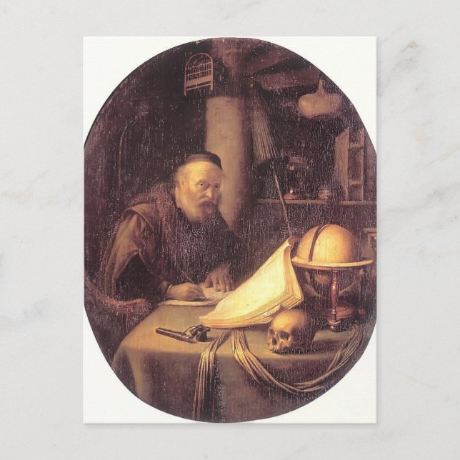 Postal Gerrit Dou- Hombre interrumpido por sus escritos (Anverso)