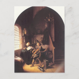 Postal Gerrit Dou- Interior con una joven violinista