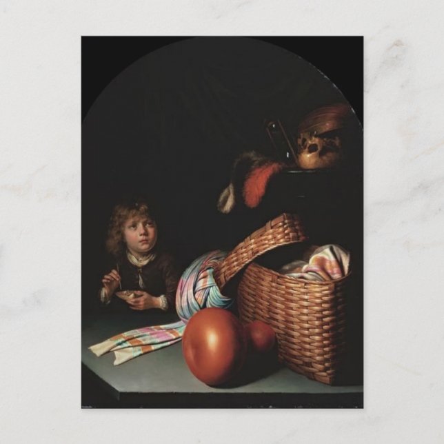 Postal Gerrit Dou- Vida muerta, niño balbuceando jabón (Anverso)