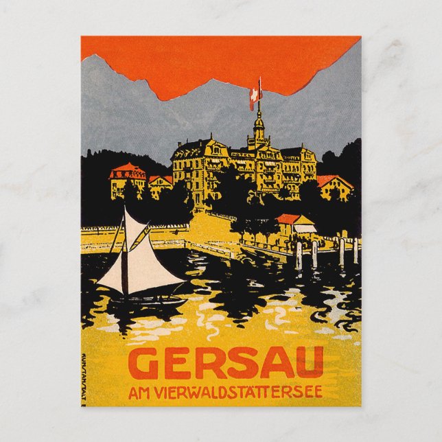 Postal Gersau, lago de Lucerna, barco de vela, Suiza (Anverso)