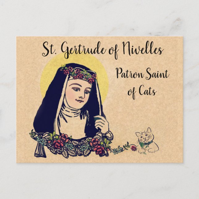 Postal Gertrude de Nivelles patrono de gatos (Anverso)