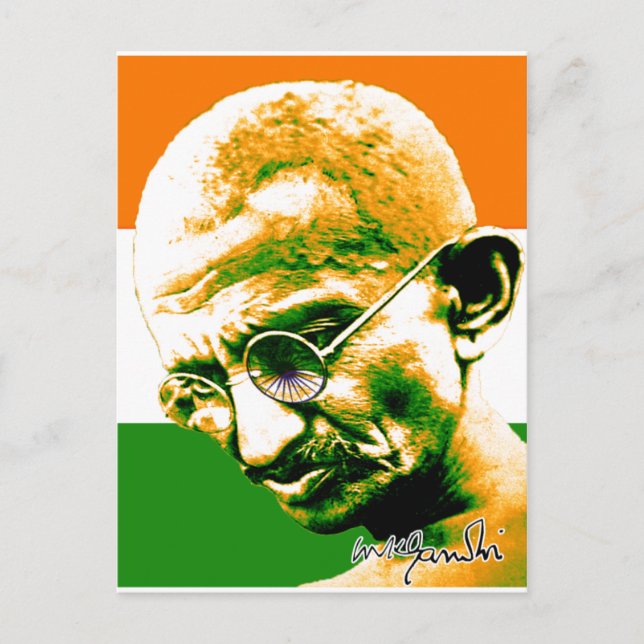 Postal Ghandi en verde naranja y blanco con bandera (Anverso)