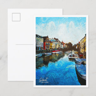 Postal Ghent Belgium Hermosa ciudad de pintura de petróle