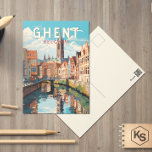 Postal Ghent Belgium Viaje de arte<br><div class="desc">Diseño de viaje vectorial retro en gante. Gante es muy conocida por sus grandes plazas públicas y mercados,  entre los cuales destaca el Vrijdagmarkt ("Mercado del Viernes"),  el centro de la vida de la ciudad medieval.</div>