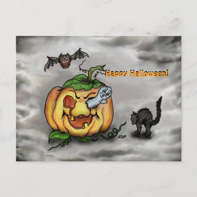 Postal Ghost Bat and Cat , ¡Feliz Halloween! (Anverso)