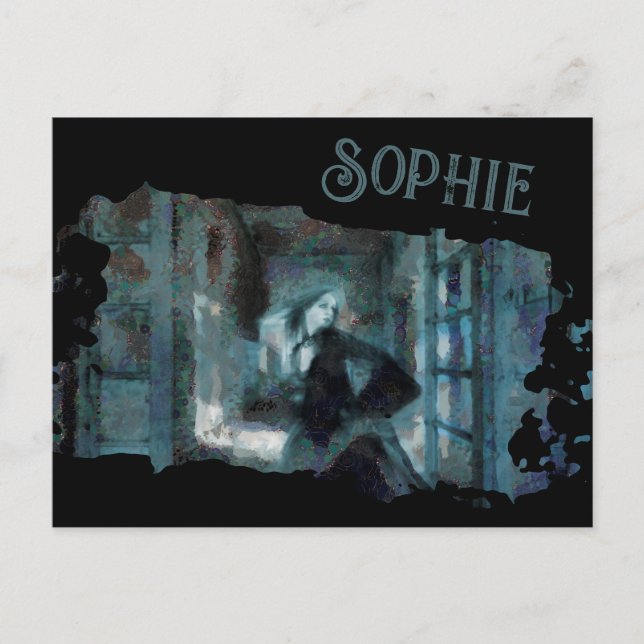 Postal Ghost Girl in Blue – Haunting Surreal Art (Anverso)