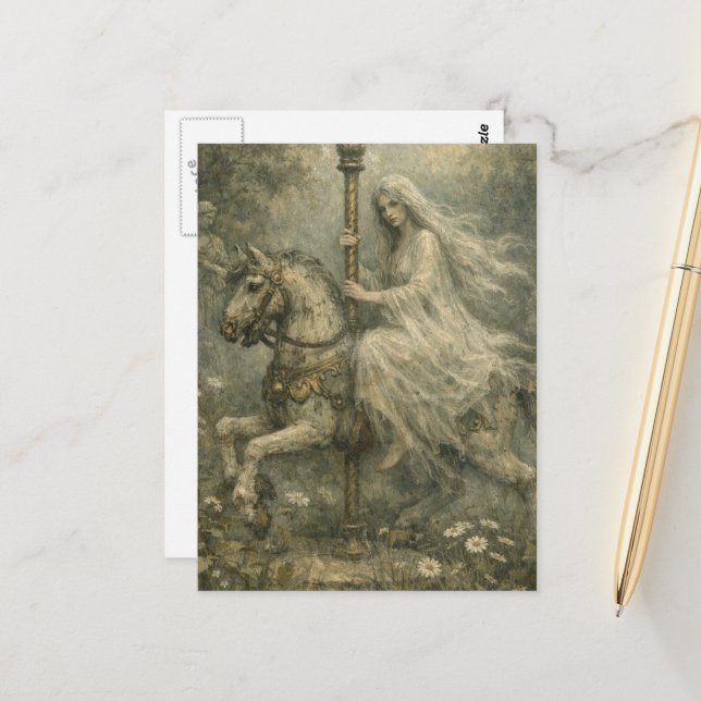 Postal Ghost Woman on Abandoned Carousel Horse in Garden (Anverso/Reverso In Situ)