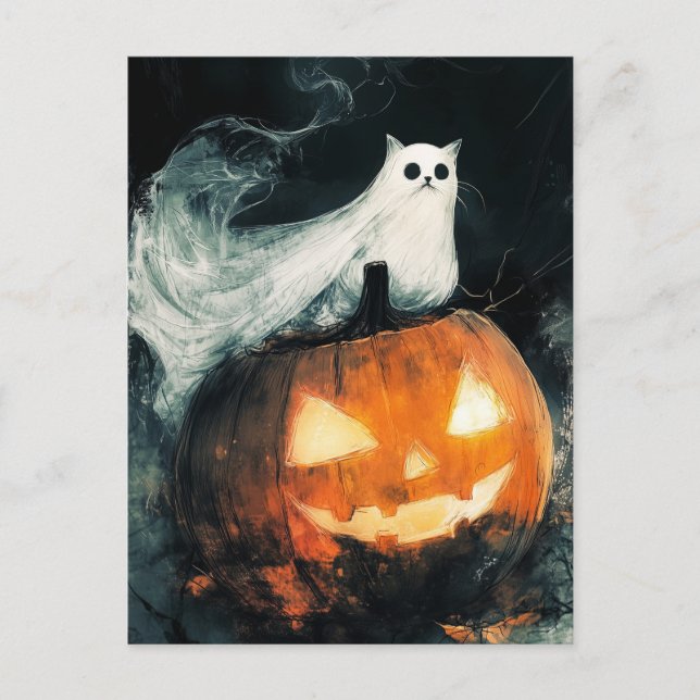 Postal GhostCat de Halloween y Jack o Lantern (Anverso)