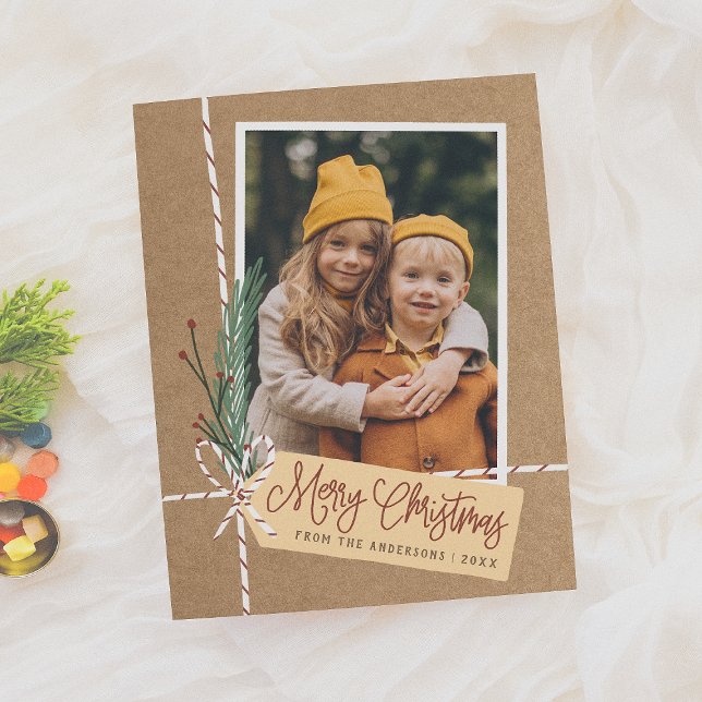 Postal Gift & Bow Rustic Merry Christmas Holiday Photo (Subido por el creador)