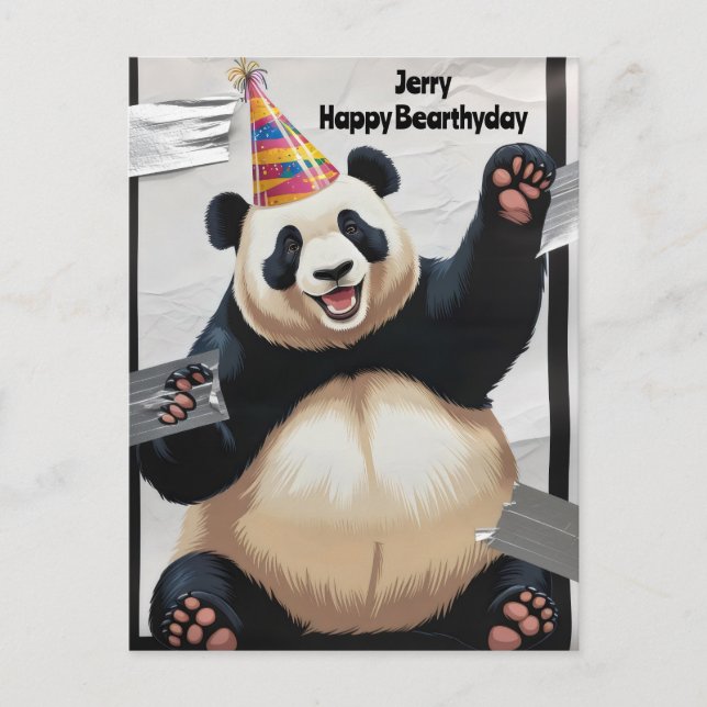 Postal Gigante panda sentado usando gorra de cumpleaños (Anverso)