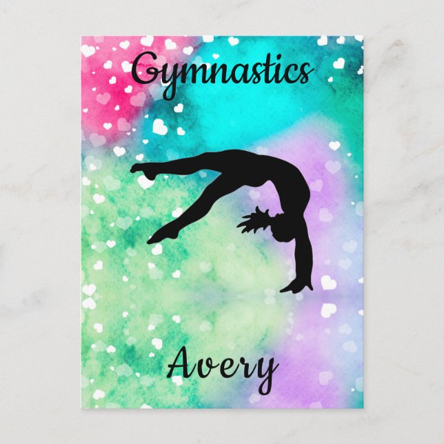 Postal Gimnasia chica acuarela con corazones flotantes (Anverso)