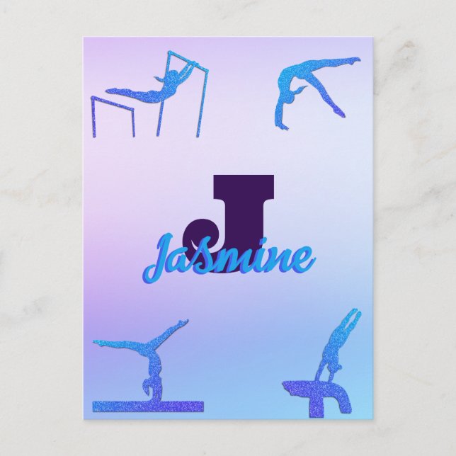 Postal Gimnasia Giratoria Azul Morado Monograma Personali (Anverso)