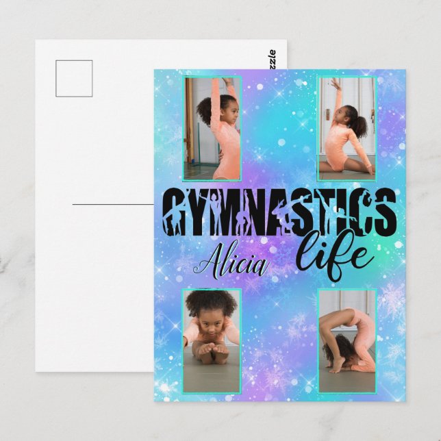 Postal Gimnasia Vida Pastel Nombre Personalizado y 4 Foto (Anverso / Reverso)