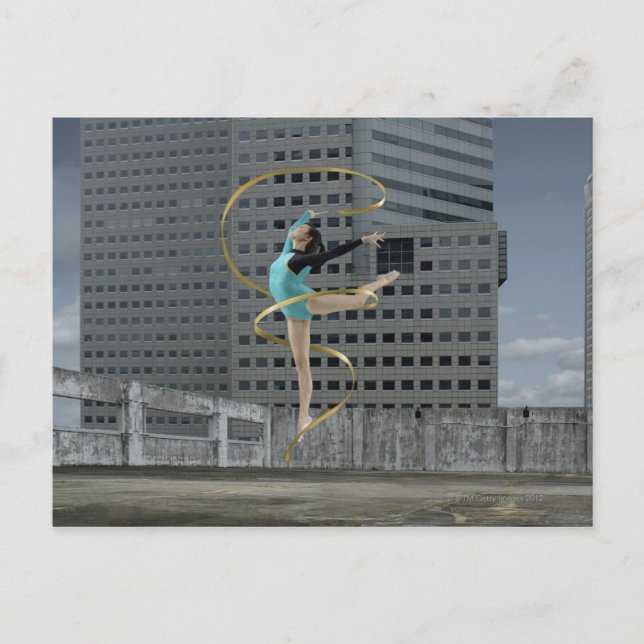 Postal gimnasta al aire libre en la azotea saltando al ai (Anverso)