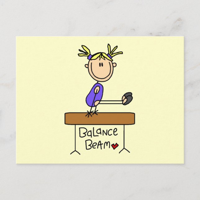 Postal Gimnasta Chica rubia en camisetas de vigas y regal (Anverso)