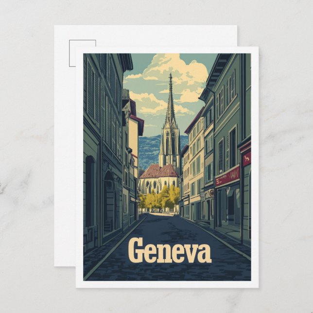 Postal Ginebra Suiza Ilustracion de viajes Art Vintage (Anverso / Reverso)