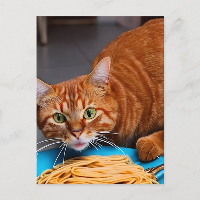 Postal Ginger Cat comiendo Spaghetti (Anverso)