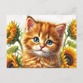 Postal Ginger Cat Con Sunflower Watercolor