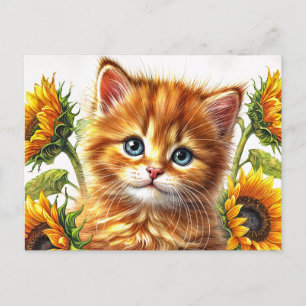 Postal Ginger Cat Con Sunflower Watercolor