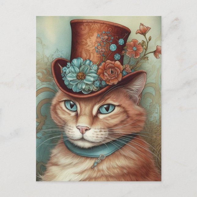 Postal Ginger Cat en un tophat (Anverso)