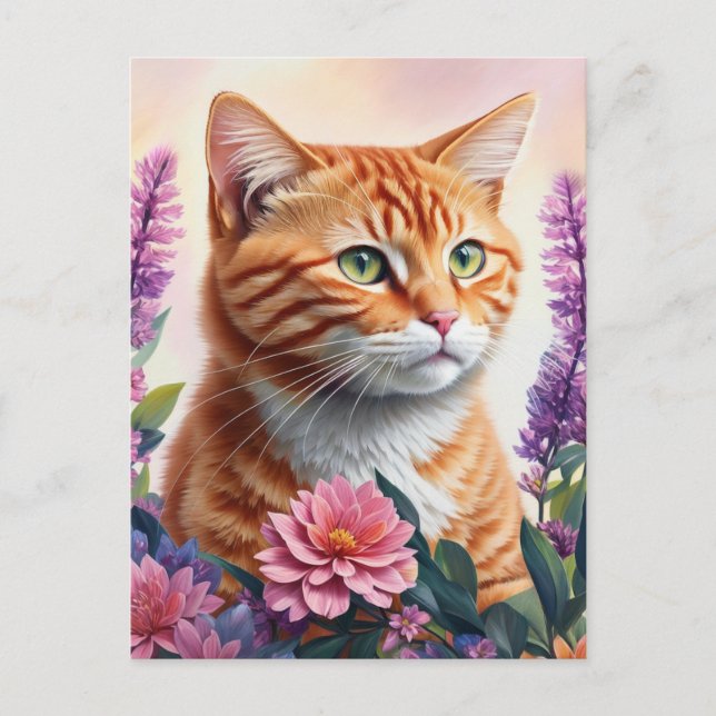 Postal Ginger Cat Floral Multicolor Art (Anverso)