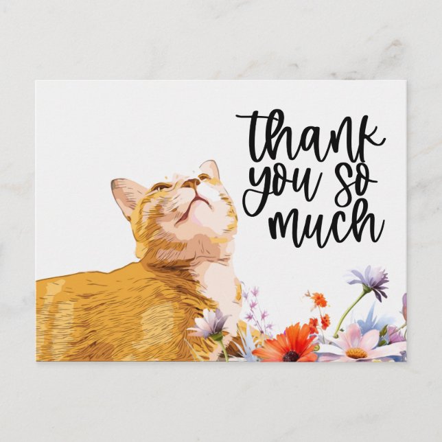 Postal Ginger Cat Gracias, gato de cartas está mirando (Anverso)
