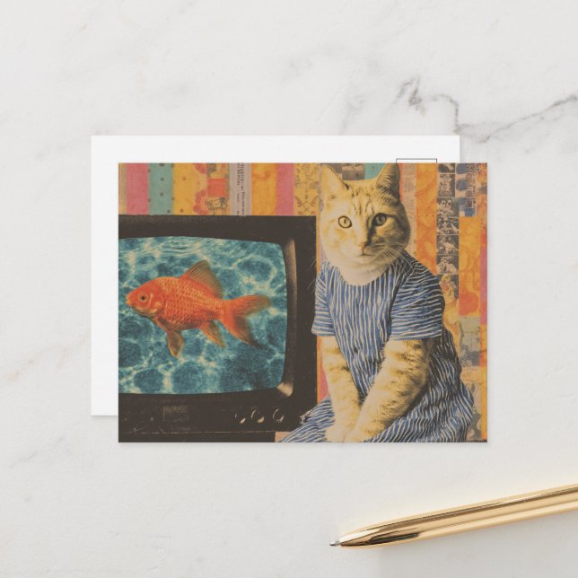 Postal Ginger Cat With Goldfish on TV Retro Collage (Anverso/Reverso In Situ)