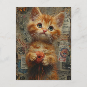 Postal Ginger Kitten Adorable con collage de yarn