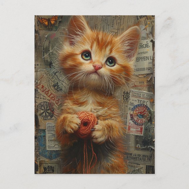 Postal Ginger Kitten Adorable con collage de yarn (Anverso)