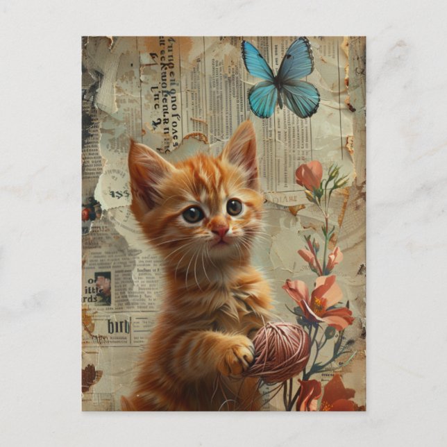 Postal Ginger Kitten Adorable Con Mariposa Yarn azul (Anverso)