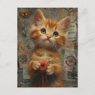 Postal Ginger Kitten Adorable Con Medios Mixtos Yarn