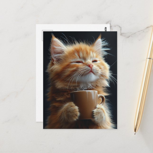 Postal Ginger Kitten Adorable con un café (Anverso/Reverso In Situ)