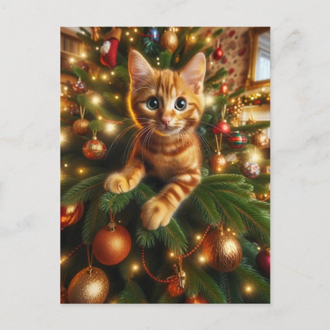 Postal Ginger Kitten adorable en un árbol de Navidad (Anverso)