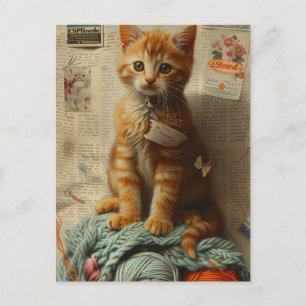 Postal Ginger Kitten Yarn Collage Medios mixtos