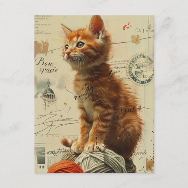 Postal Ginger Kitten Yarn Collage Medios mixtos (Anverso)