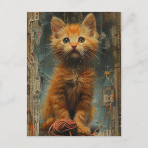 Postal Ginger Kitten Yarn Collage Medios mixtos