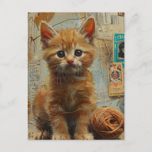 Postal Ginger Kitten Yarn Collage Medios mixtos