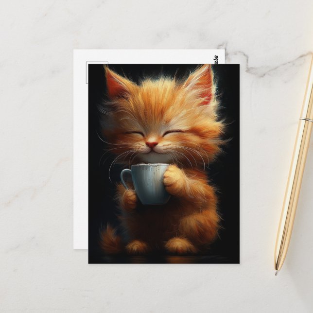 Postal Ginger Kitty Adorable con un café (Anverso/Reverso In Situ)