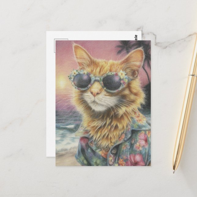 Postal Ginger Kitty Adorable en gafas de sol (Anverso/Reverso In Situ)