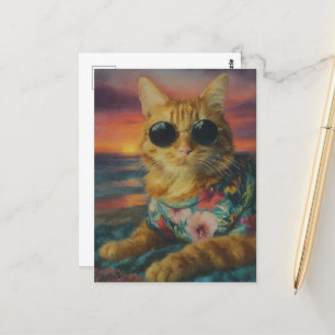 Postal Ginger Kitty con gafas de sol en la playa