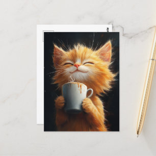 Postal Ginger Kitty con un café
