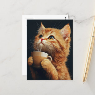 Postal Ginger Kitty dulce con café