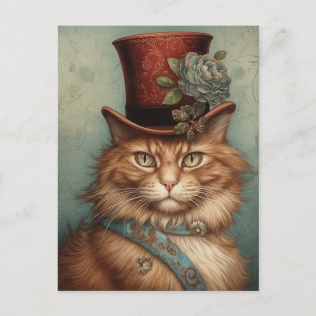 Postal Ginger Long Hair Cat en un tophat (Anverso)