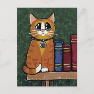 Postal Ginger Tabby Cat en el Ilustracion de la estanterí