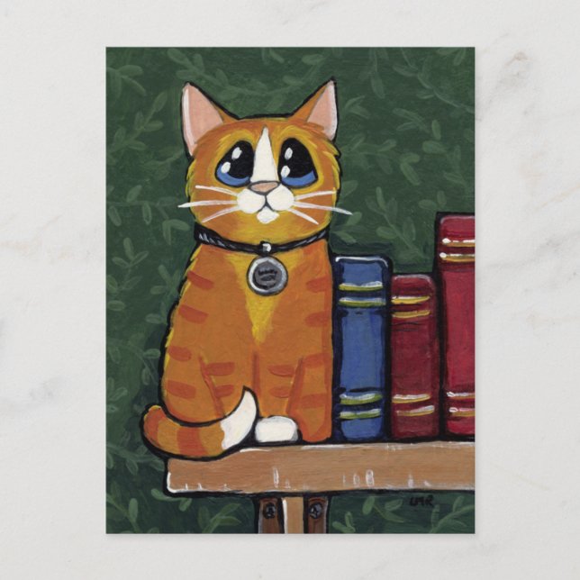 Postal Ginger Tabby Cat en el Ilustracion de la estanterí (Anverso)
