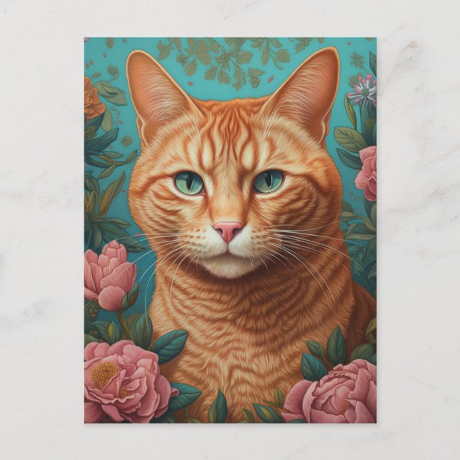 Postal Ginger Tabby Cat y Peonies (Anverso)