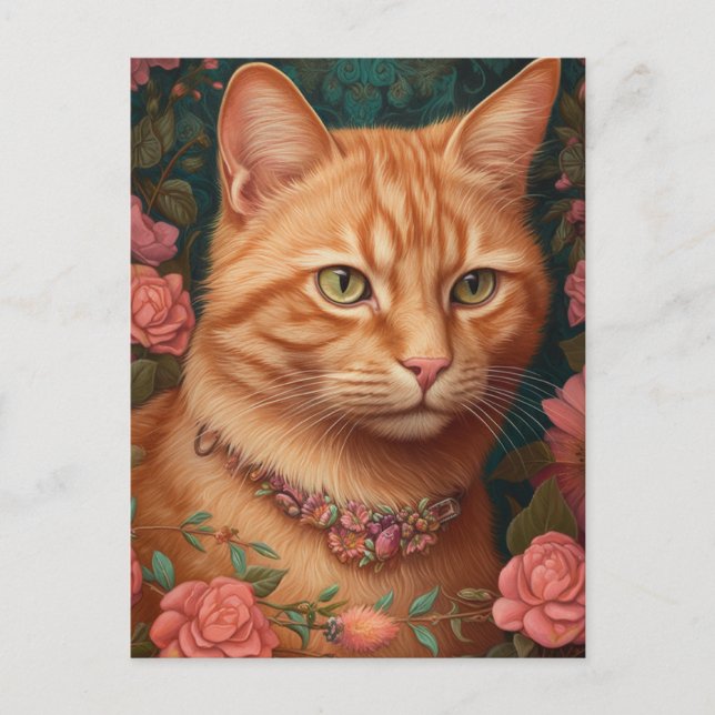 Postal Ginger Tabby Cat y Rosas (Anverso)