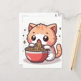 Postal Ginger y Gatito blanco comiendo Ramen