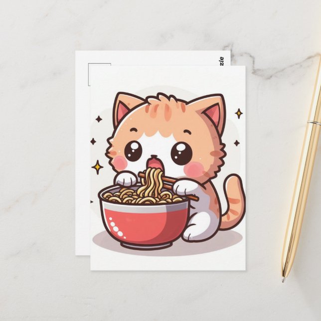 Postal Ginger y Gatito blanco comiendo Ramen (Anverso/Reverso In Situ)