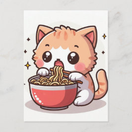 Postal Ginger y Gatito blanco comiendo Ramen